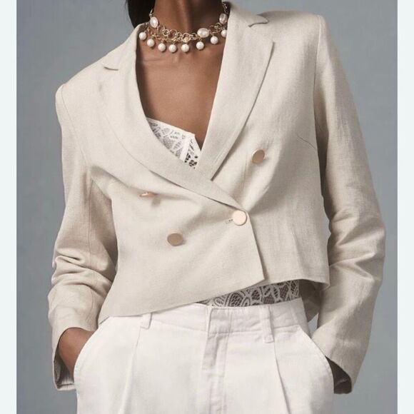 Anthropologie Dolan Beige Linen Blend Cropped Blazer NWT Size Extra Extra Small - Picture 1 of 9